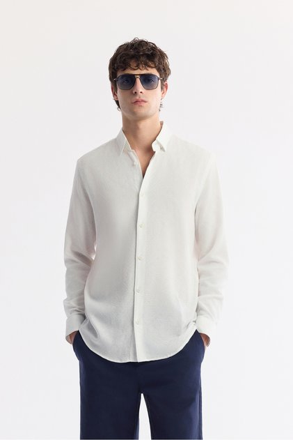 Men's White Bottom Britli Collar Viscose Blended Jacquard Comfort Fit Shirt A51Y2044