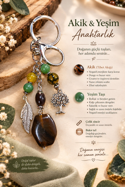 Natural Stone Agate Jade Stone and Hematite Keychain Silver Color Steel Chain Copper Wire