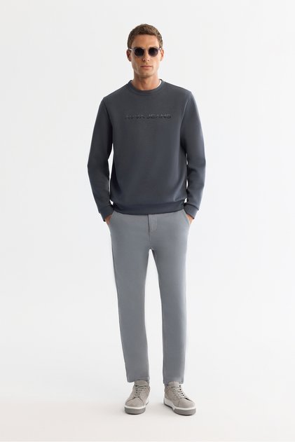 Men's Gray Slim Fit Trousers with Elastic Sides and Soft Buttons, Double Leg, A42Y3007