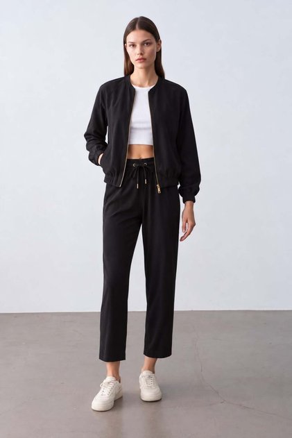 Women's Zippered Jacket Trousers Bottom-Top Black Set
