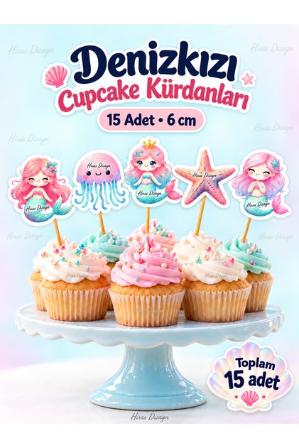 15 Mermaid Happy Birthday Cupcake Toppers, Cake Toothpicks, 6-7cm Cupcake Cake Decorations