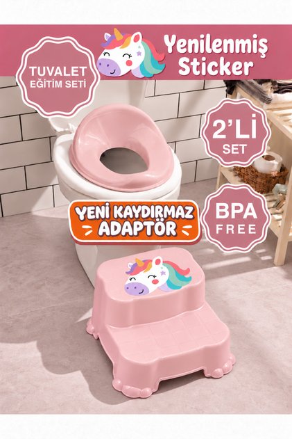 Çocuk Tuvalet Eğitim Oturağı Seti , Kaydırmaz 2 Katlı Basamak ve Kaydırmaz Çocuk Klozet Kapağı&Adaptörü Pembe