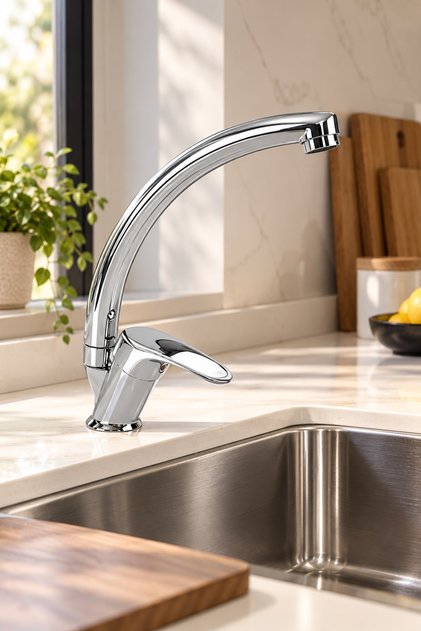 Chrome Swan Pipe Kitchen Sink Faucet Double Entry