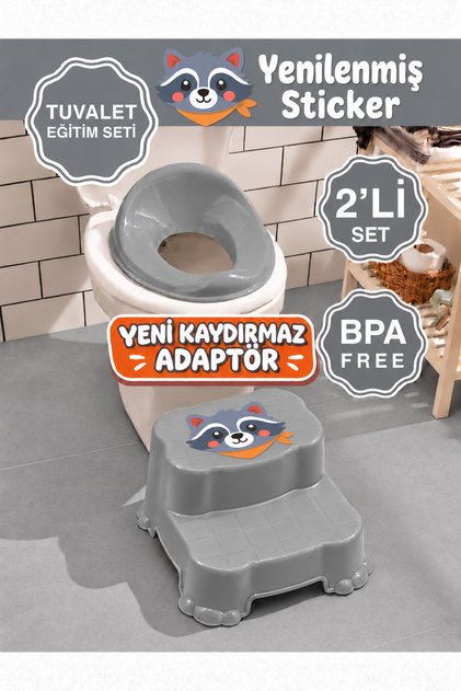 Çocuk Tuvalet Alıştırma Seti Kaydırmaz - Kaydırmaz 2 Katlı Basamak ve Kaydırmaz Klozet Adaptörü-Gri