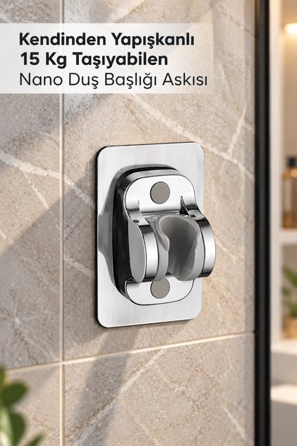 Krom Kendinden Yapışkanlı 15 Kg Taşıyabilen Nano Duş Başlığı Askısı Mafsal Kolay Temiz Kurulum