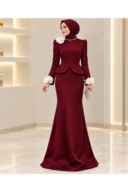 Gül Detaylı Peplum Tesettür Abiye Elbise