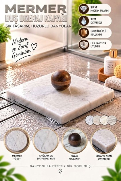 Real Marble Bathroom Drain Cover with Acacia Wood Ball Head 10X10 cm Anti-Odor and Anti-Pest Strainer Cover