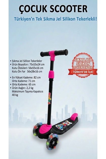 Toys Işıklı Silikon Jel Tekerlekli Ayarlanabilir Yükseklik Fonksiyonlu Çocuk Scooter
