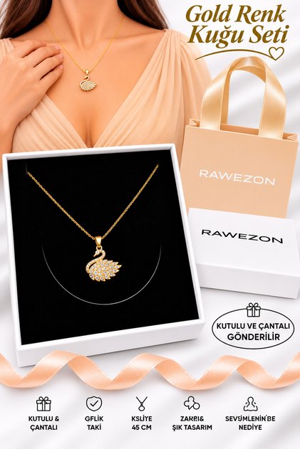 Nerovia Series - Steel Gold Color Swan Stone Women's Necklace with Bag and Box - Gift for Lover Birthday