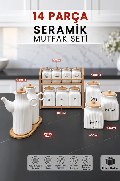 14 Parça Seramik Mutfak Seti - Bambu Kapaklı Stantlı Baharatlık Erzak Saklama Kabı Yağlık Sirkelik Sosluk Beyaz