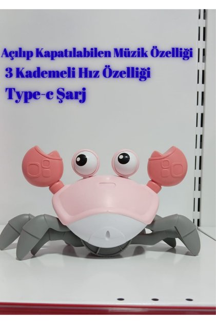 Emeklemeye Yardımcı 3 Hız Kademeli Kapatıp Açılabilen Müzikli Sensörlü Şarjlı(PEMBE)Yengeç Oyuncak