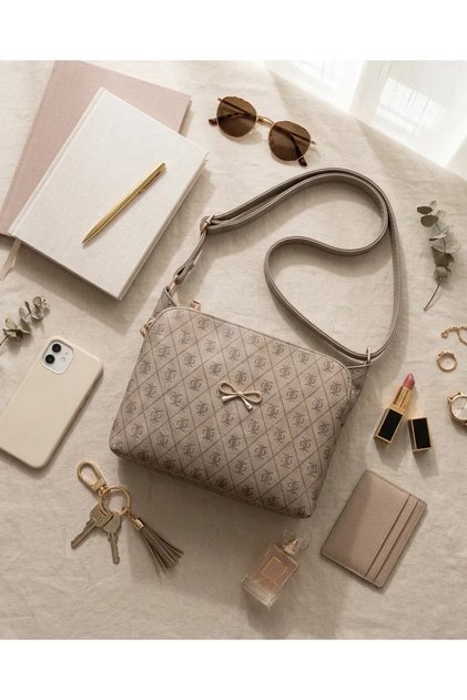 Modern Stylish Bag with Adjustable Cross Strap and Patterned 3 Compartments (Mink)