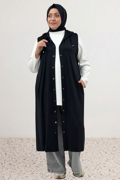 34001 Plus Size Jersey Button Snap-Fastened Hooded Vest - Black