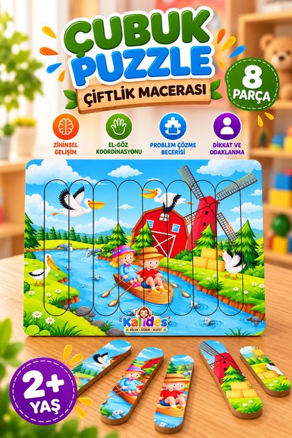 Stick Puzzle - FARM ADVENTURE | Wooden Puzzle | Montessori Educational Wooden Puzzle, 8 Pieces