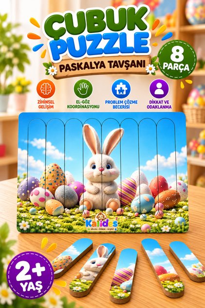 Montessori Educational Wooden Puzzle - Stripe Puzzle - Easter Bunny
