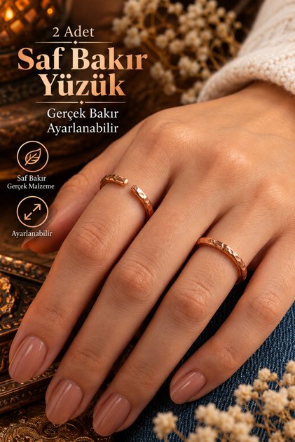 Pure Copper 2 Pieces Thin Elegant Ring Adjustable Quality Combination Trend