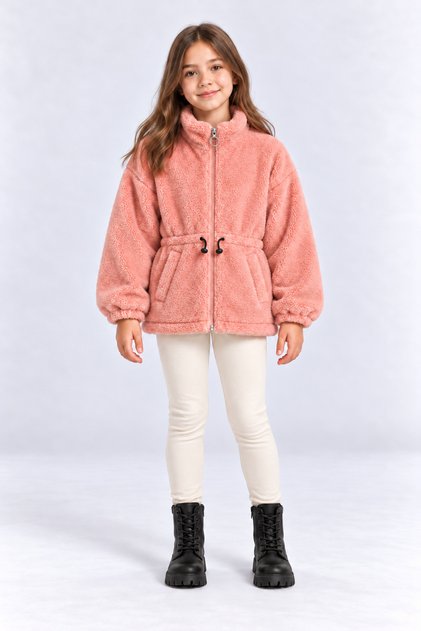 Girls' Plush Cardigan with Zipper, Pink, Brown, Cream, Black, AK4179