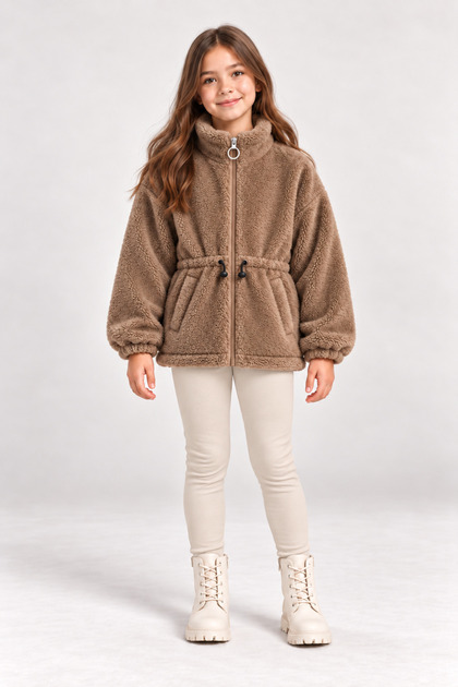 Girls' Plush Cardigan with Zipper, Pink, Brown, Cream, Black, AK4179