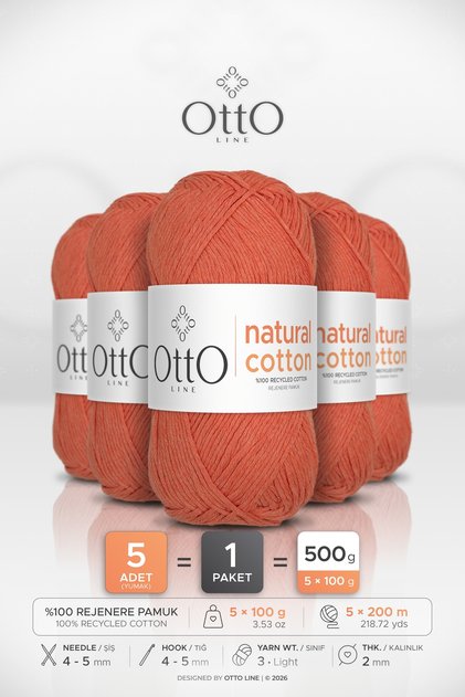 Natural Cotton • Orange (6022) • 5-Pack × 100 Gr / 200 m • 2 mm • Cotton Thread • Punch, Amigurumi, Macrame