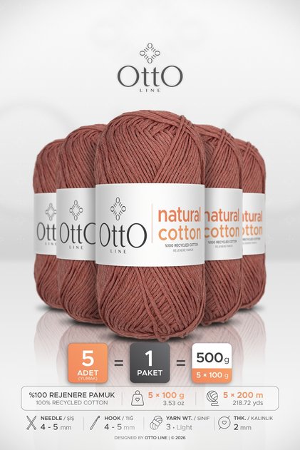Natural Cotton • Cinnamon (6023) • 5-Pack × 100 Gr / 200 m • 2 mm • Cotton Thread • Punch, Amigurumi, Macrame