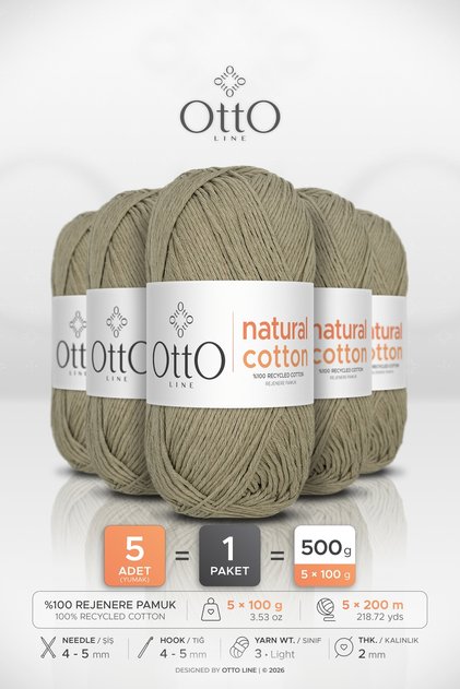 Natural Cotton • Khaki Green (6051) • 5-Pack × 100 Gr / 200 m • 2 mm • Cotton Thread • Punch, Amigurumi, Macrame