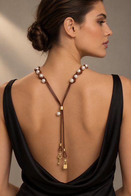 Kutcha Tan Leather and Pearl Design Necklace