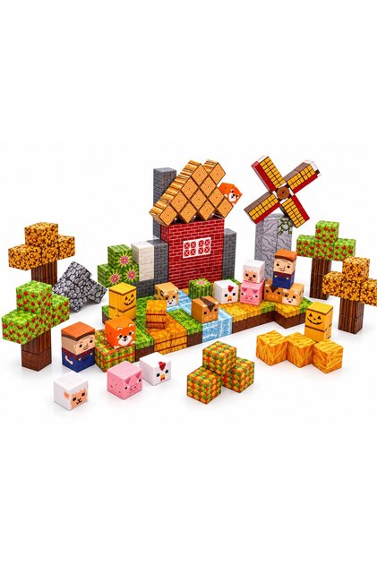 100 Parça Manyetik Küp Blok Çiftlik Evi Temalı Yapı Taşı (2.0 cm)