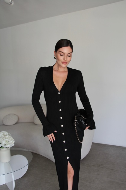 V-Neck Ruffled Sleeves Button Detailed Knitwear Dress