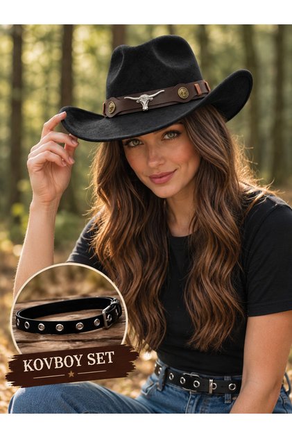 Women's Internally Adjustable Metal Buckle Patterned Cowboy Hat Fedora Hat Belt Set