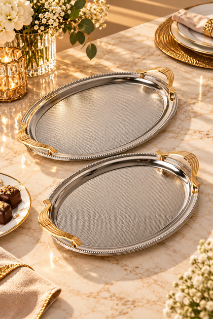 Stainless Steel Silver 2-Piece Oval Tray Set – Patterned Serving and Presentation Tray, Tarnish-Free & Fade-Resistant
