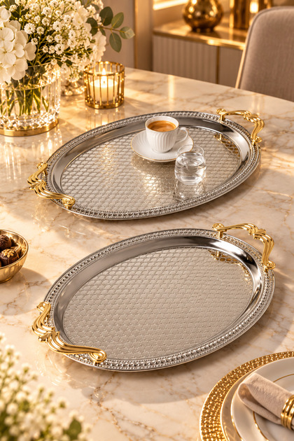 Set of 2 Stainless Steel Silver Oval Trays – Patterned Serving and Presentation Tray, Non-Tarnishing, Non-Fading