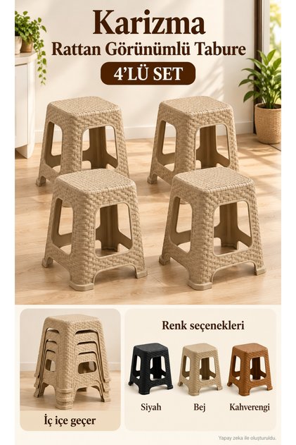 Karizma Rattan Desenli Plastik Tabure 4 lü Set Kahverengi