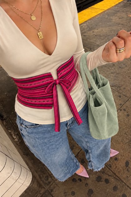 Özel Tasarım Denim Llicla Reversible Bohem Kuşak Kemer - PEMBE Özel Üretim