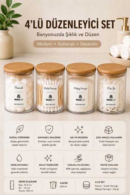 4-Piece Acrylic Bathroom Organizer Set with Wooden Covers