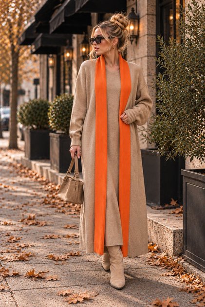 Women's Beige Crew Neck Dress and Cardigan Hijab Top and Bottom Set