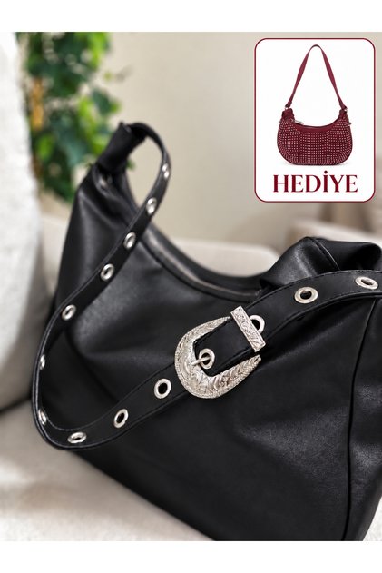 Women's Black Soft Leather Shoulder Bag-Large Volume Casual Bag with Metal Buckle