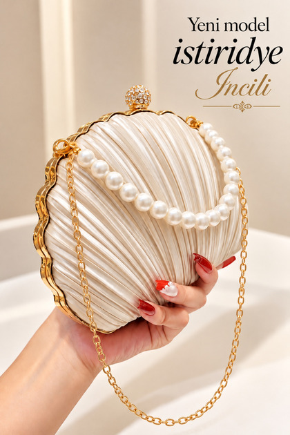 Pleated Evening Dress Bag / Pleated Evening Dress Bag Oyster Beige/Skin Satin Wide Model Evening Dress Bag with Pearls and Stones Handbag Wedding Engagement Evening Dress Bag