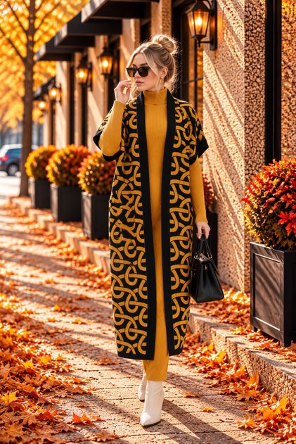 Women's Mustard High-Neck Knitwear Dress and Long Patterned Cardigan Top and Bottom Set