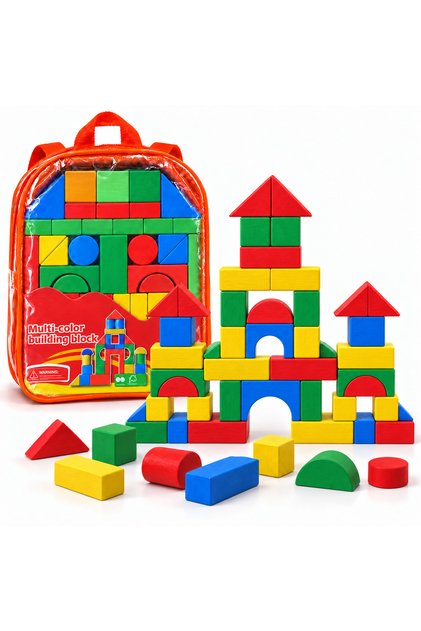 Cuburi de Construcție din Lemn în Rucsac Transparent – 4 Culori, Forme Diverse – 3+ Ani