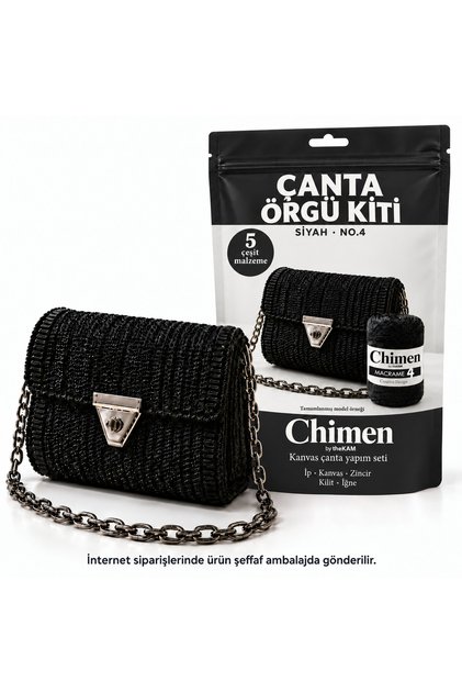 Mykonos - Kanvas Siyah No.4 Çanta Yapım Kiti – Kanvas Çanta Seti (ZİNCİR, POLYESTER, MAKROME NO.4)