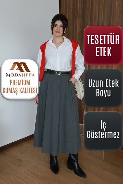 Tesettür Etek - Gri Poliviskon Kolej Tesettür Etek