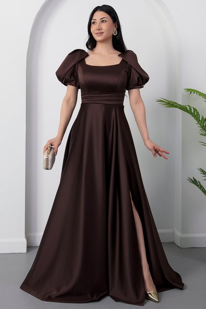 Square Neck Flounce Sleeve Long Satin Dress Drp570