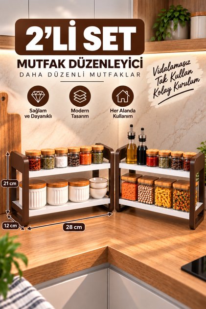 2’li Set Ahşap Mutfak Tezgah Üstü Organizer Raf – 2 Katlı Vidalamasız Tak Kullan Çok Amaçlı Düzenleyici 24x21x12 cm Kahverengi Model