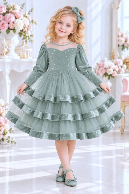Girls' Velvet and Tulle Dress, Ideal for Special Occasions.