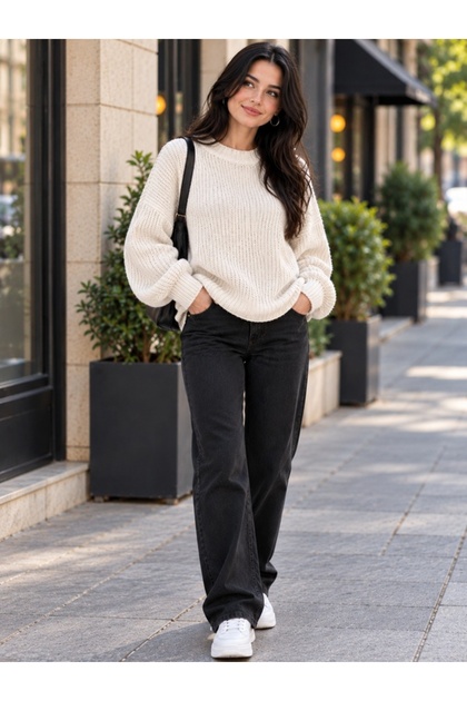 Beige Crew Neck Oversized Women's Knit Sweater