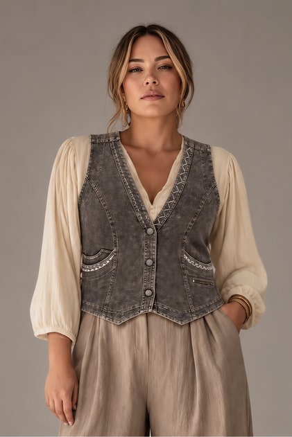 Vintage Smoked Washed Brown Plus Size Denim Vest
