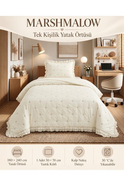 Marshmallow Ruffled Bedspread Set (Single / 180x240) PATTERN: CREAM
