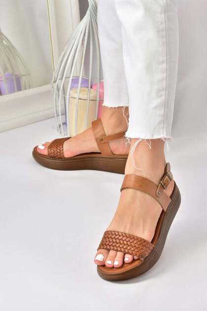 Tan Genuine Leather Knitted Model Daily Women's Sandals M291053603