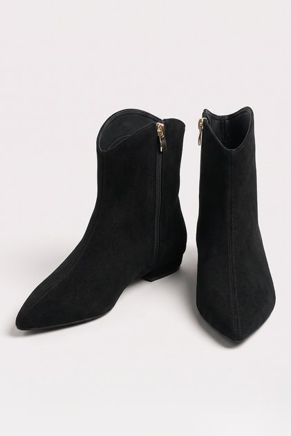 Women's Faux Leather Pointed Toe Short Heeled Cowboy Zippered Casual and Office Boots Suede