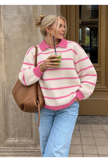 Women's Selani̇k Knitted Polo Neck Striped Oversize Style Sweater
